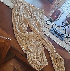 POL Gold Sequin Elastic Waist Joggers